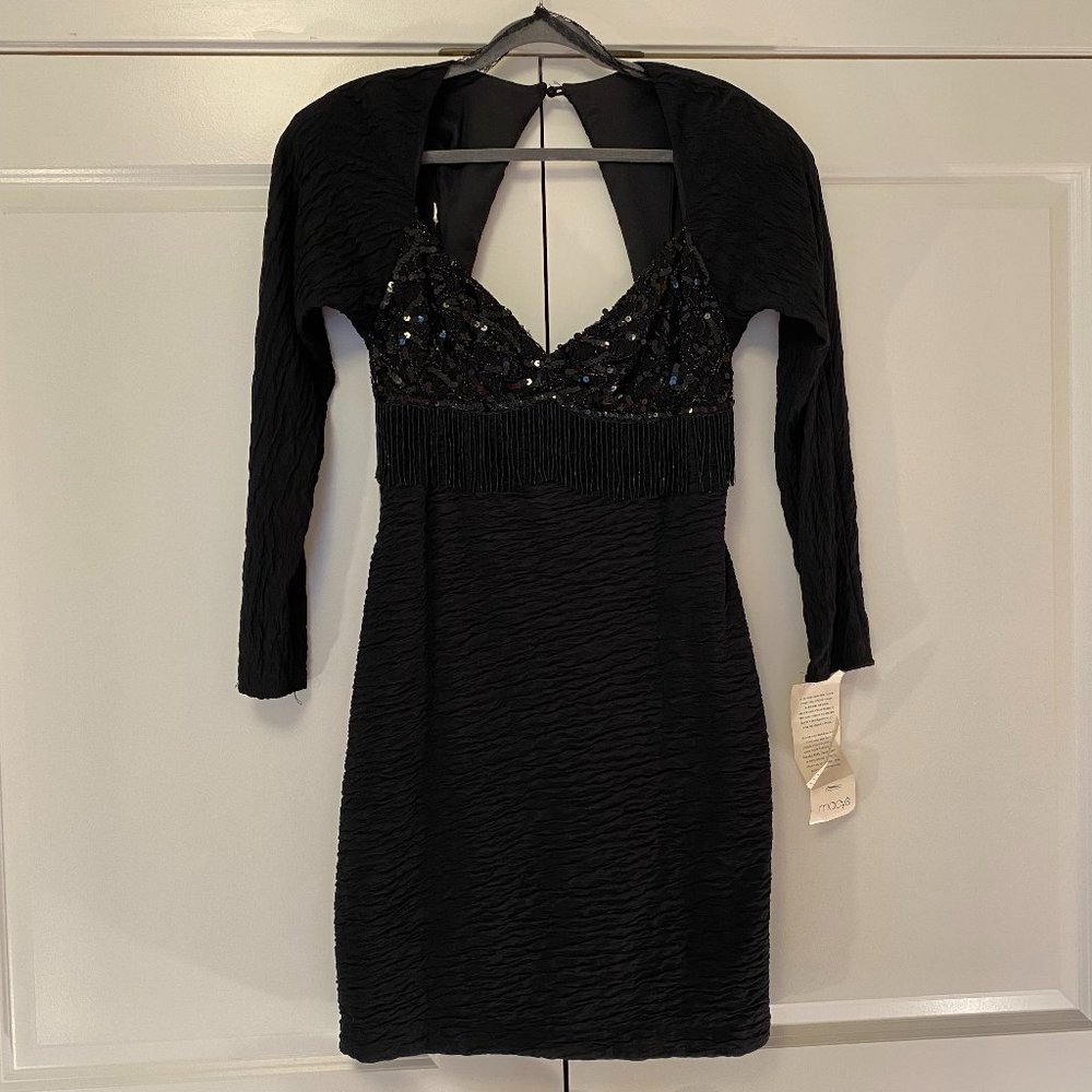 Macy's Retro Black Mini Dress w/Beaded Sequins and Open Back, Size 13-14